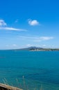 View across Hauraki Gulf from Motuihe Island to volcanic cone of Rangitoto Island New Zealand Royalty Free Stock Photo