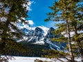 Lake Louise Mountains framed by trees Royalty Free Stock Photo