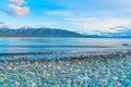 View across Lake Te ANau to Murchison Mountains just before sunrise