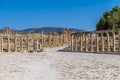 A view across the Oval Plasa in the ancient Roman settlement of Gerasa in Jerash, Jordan