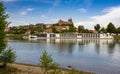 View across river Rhine to the Muensterberg hill with St. Stephansmuenster cathedral, Breisach am Rhein, Kaiserstuhl Royalty Free Stock Photo