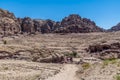 A view across the valley towards the eastern cliffs in the ancient city of Petra, Jordan Royalty Free Stock Photo