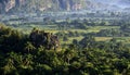 View across the Vinales Valley in Cuba. Morning twilight and fog. Royalty Free Stock Photo