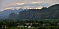 View across the Vinales Valley in Cuba. Morning twilight and fog. Royalty Free Stock Photo