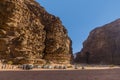 A view across a wide gorge in the desert landscape in Wadi Rum, Jordan Royalty Free Stock Photo