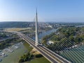 View of Ada Ciganlija from aerial drone and Most na Adi bridge over Sava River. Belgrade - Serbia Royalty Free Stock Photo