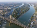 View of Ada Ciganlija from aerial drone and Most na Adi bridge over Sava River. Belgrade - Serbia Royalty Free Stock Photo