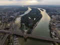 View of Ada Ciganlija from aerial drone and Most na Adi bridge over Sava River Royalty Free Stock Photo