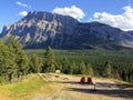 Adirondack chairs overlooking Mount Rundle from Tunnel Mountain viewpoint Banff National Park Alberta Canada, Canadian Rocky Mount Royalty Free Stock Photo