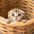 view Adorable Scottish fold kitten captured standing lovably in a basket Royalty Free Stock Photo