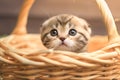 view Adorable Scottish fold kitten captured standing lovably in a basket Royalty Free Stock Photo