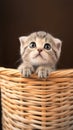 view Adorable Scottish fold kitten captured standing lovably in a basket Royalty Free Stock Photo