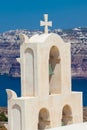 The Aegean sea and a traditonal bell tower from the ruins of the Castle of Akrotiri also known as Goulas or La Ponta, a Royalty Free Stock Photo