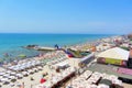 An aerial view of the beach and resort restaurants on a sunny day. Ukraine, Iron Port, 21 July 2021