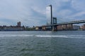 View from an aerial perspective of the New York Manhattan panorama skyline viewed from the Manhattan Bridge on the Royalty Free Stock Photo