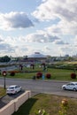 view from afar of the Kazan Circus. The building looks like a big flying saucer. KAZAN, RUSSIA - JULY 08, 2016