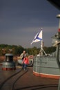 View of the afterdeck of a Russian destroyer on a cloudy evening