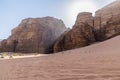 A view of afternoon sunlight illuminating the desert landscape in Wadi Rum, Jordan Royalty Free Stock Photo