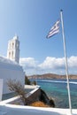 View of the Agia Irini, Saint Irene, Greek Orthodox church, Chora, Ios Island, Greece Royalty Free Stock Photo