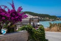 View on agios stefanos beach and bay, small tourist resort on the north east coast of Corfu in Greece Royalty Free Stock Photo