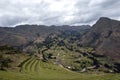 View at the agriculture Inca terraces used for plants farming, Archeological Park in Sacred Valley, Pisac near Cusco, Peru Royalty Free Stock Photo