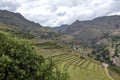 View at the agriculture Inca terraces used for plants farming, Archeological Park in Sacred Valley, Pisac near Cusco, Peru Royalty Free Stock Photo