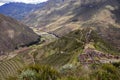 View at the agriculture Inca terraces used for plants farming, Archeological Park in Sacred Valley, Pisac near Cusco, Peru