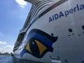 View of AIDA Perla ship in front of the port of Hamburg in Germany with a blue sky Royalty Free Stock Photo