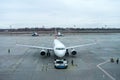 View of the aircraft parking at the airport. The plane is being prepared for departure by airport staff