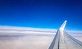 view from airplane in height of blue sky cruise with view of the wing of the airplane and in the lower part of the photograph is