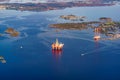 View from airplane to drill platform, Norway Royalty Free Stock Photo