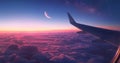view from airplane window, blue sky with moon and stars above the clouds at night Royalty Free Stock Photo