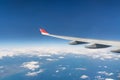 View from airplane window with blue sky and white clouds Royalty Free Stock Photo