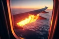 View from the airplane window of a burning airplane engine during flight