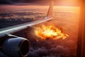 View from the airplane window of a burning airplane engine during flight