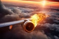 View from the airplane window of a burning airplane engine during flight