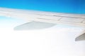 View from the airplane window. Clouds and airplane wing. Royalty Free Stock Photo