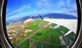 View from airplane window on fields and mountains, Cappadocia ,