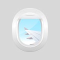 View from airplane. Window plane. Airplane windows with cloudy blue sky outside. Royalty Free Stock Photo