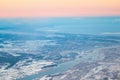 View From Airplane Window on Riga, Latvia. Sunset Sunrise Over Gulf