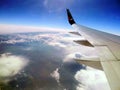 View from airplane window on the wing, clouds and sky Royalty Free Stock Photo