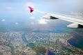 View from airplane of the wing and city beneath