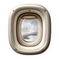 View of airplane wing and clouds through isolated window, white background Royalty Free Stock Photo