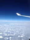 The view from the airplane on the wing, flying over the clouds. The concept of traveling by plane Royalty Free Stock Photo