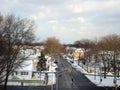 View from the Airtrain, JFK, in New York City during winter daytime against a cloudy sky Royalty Free Stock Photo