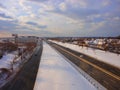 View from the Airtrain, JFK, in New York City during winter daytime against a cloudy sky Royalty Free Stock Photo