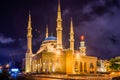 Al-Amin mosque and St. Georges Maronite cathedral at night, Beirut, Lebanon Royalty Free Stock Photo