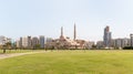 View from the Al Ittihad Park to the King Faisal Mosque in Sharjah city, United Arab Emirates Royalty Free Stock Photo