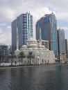 View of Al-Noor Mosque, Sharjah from the bridge leading to Al-Noor Island Royalty Free Stock Photo