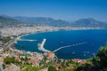 View of Alanya harbor before sunset. Beautiful sea landscape of Alanya Castle in Antalya district, Turkey.